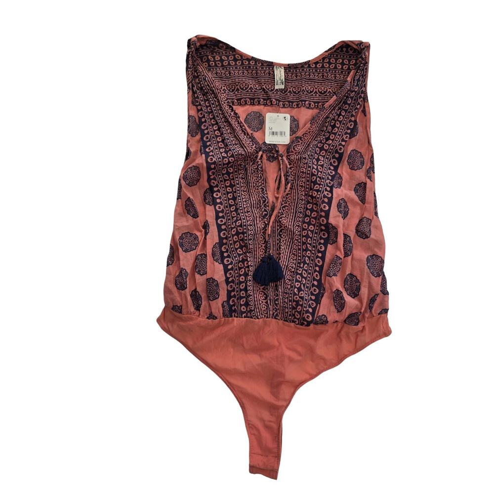 Free People Bodysuit Womens Medium Boho Tie Front Tassel Deep V Festival - Picture 6 of 14